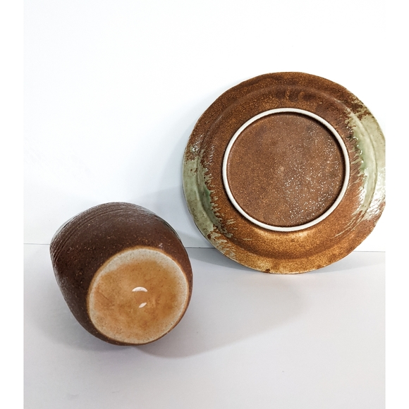 Ceramics set oval vase plate unique pottery art made in Japan vintage - Picture 3 of 4